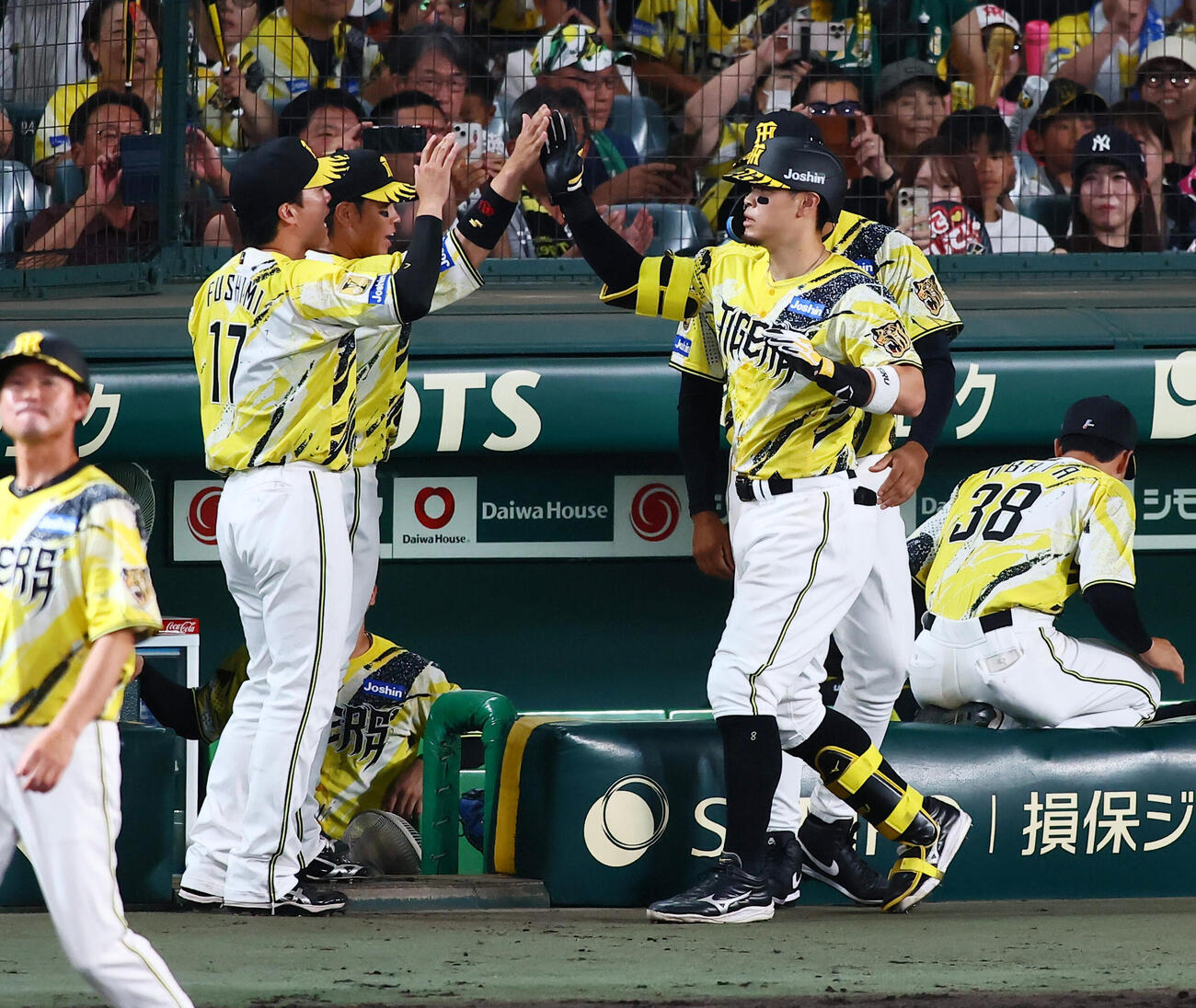阪神対巨人　6回裏阪神無死、佐藤輝明は中越えソロ本塁打を放ちベンチのナインとタッチする（撮影・加藤哉）