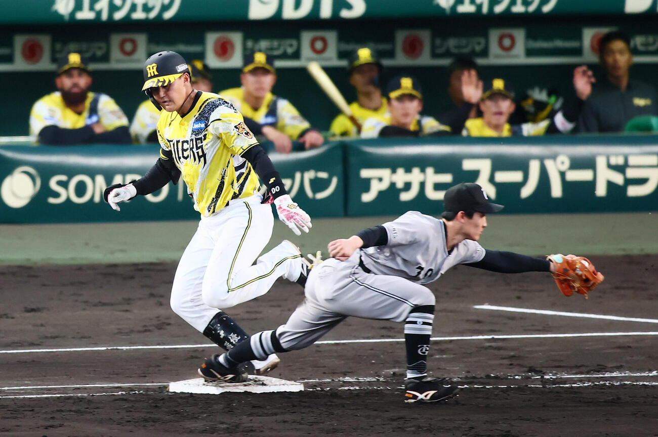 阪神対巨人　4回裏阪神無死一塁、元山飛優は一塁線にバントするがアウトになる。野手浦田俊輔（撮影・加藤哉）