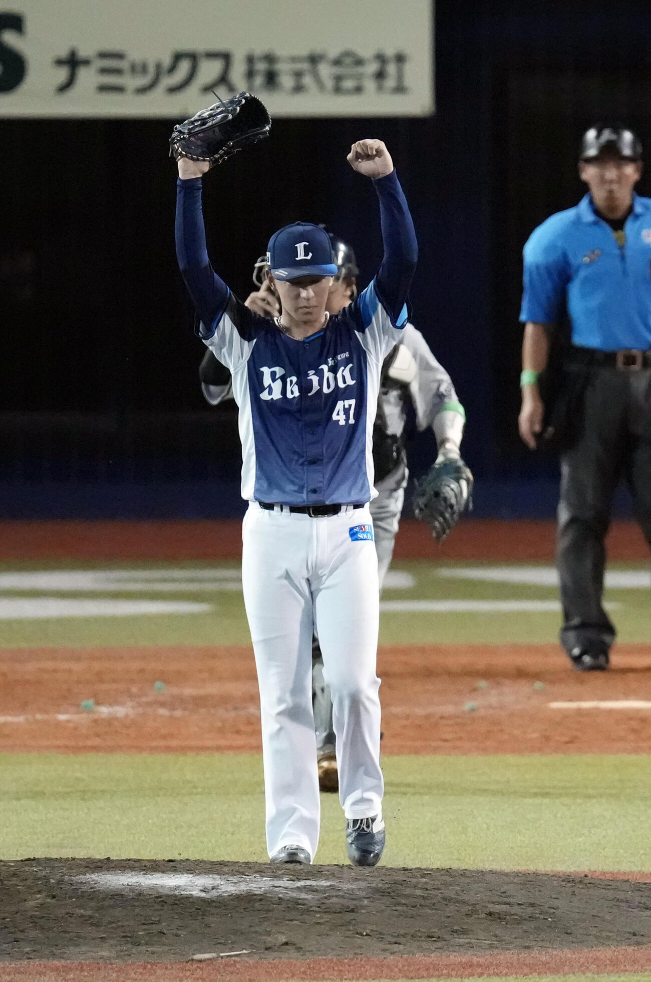 セ選抜対パ選抜　セ選抜に勝利しガッツポーズをするパ選抜の杉山遙希（撮影・小島史椰）