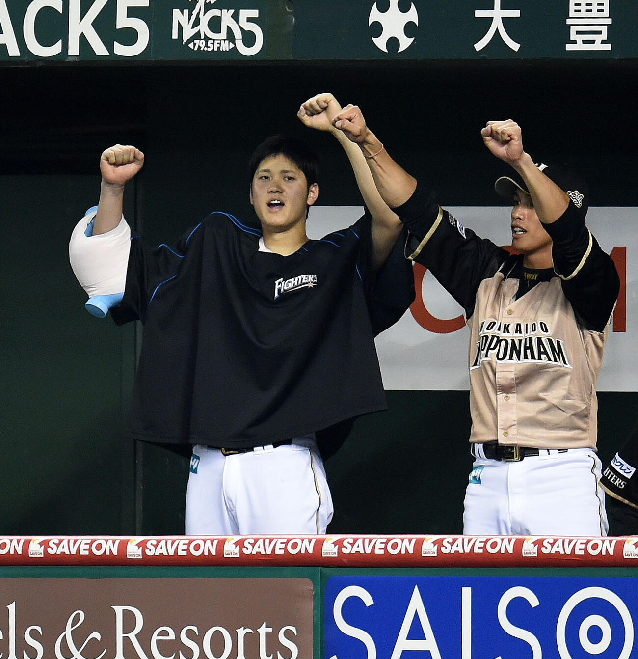 2015年7月、ガッツポーズで喜ぶ大谷翔平（左）と陽岱鋼
