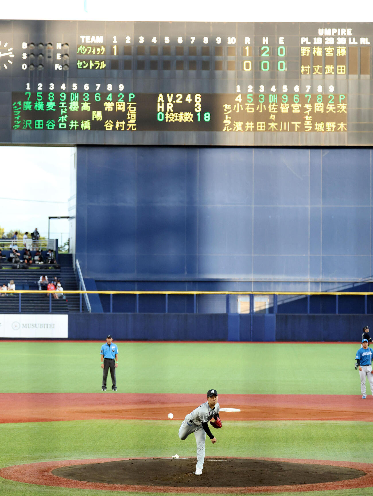 セ選抜対パ選抜　1回裏セ選抜でマウンドに立ち投球練習する石垣元気（撮影・浅見桂子）