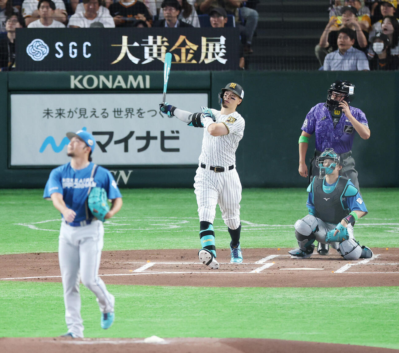 全セ対全パ　1回裏全セ1死、本塁打を放つ佐藤輝明。投手伊藤大海（撮影・宮地輝）