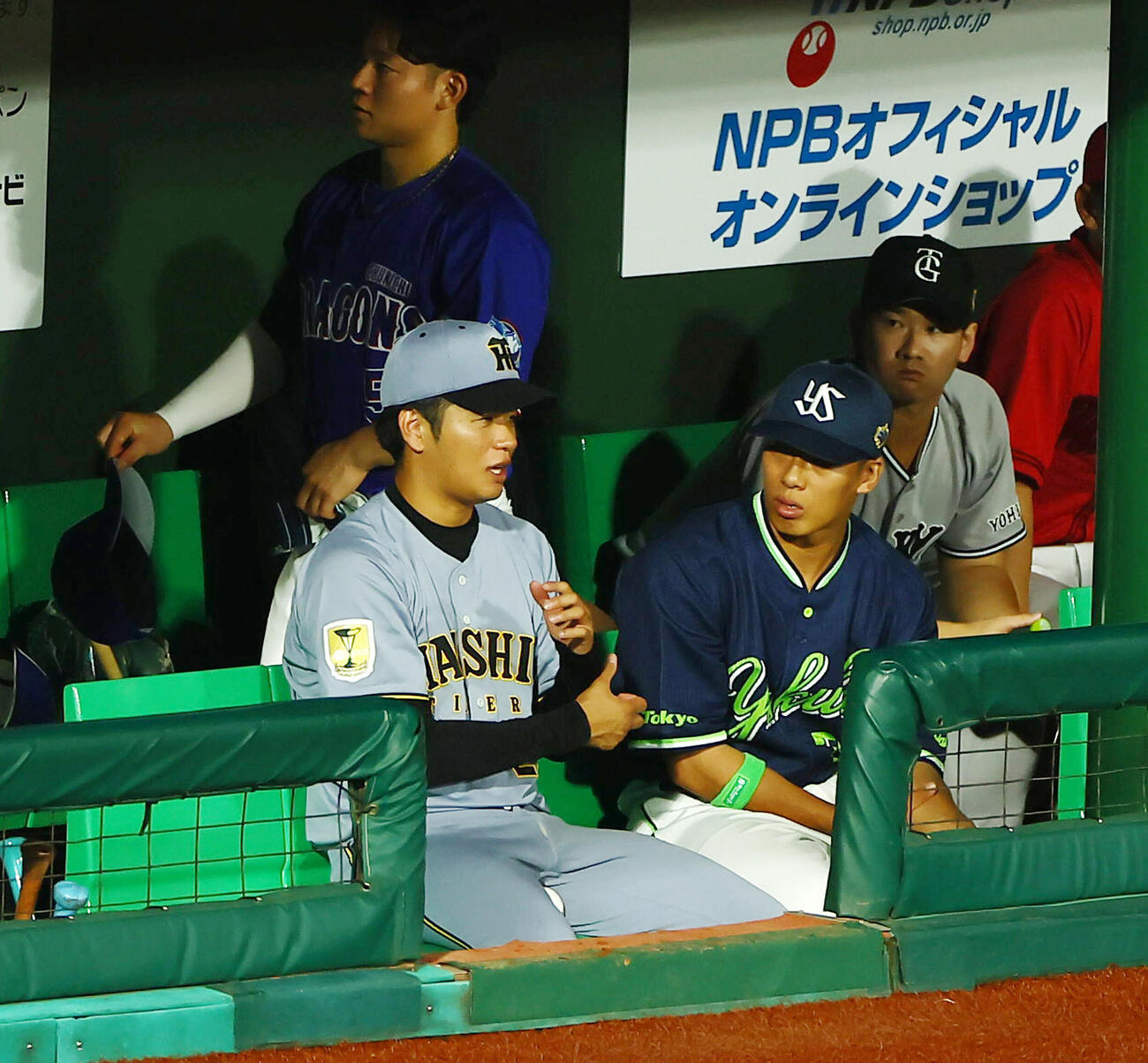 全パ対全セ　5回裏、ベンチで山野太一（右）と話す全セ高橋遥人（撮影・加藤哉）