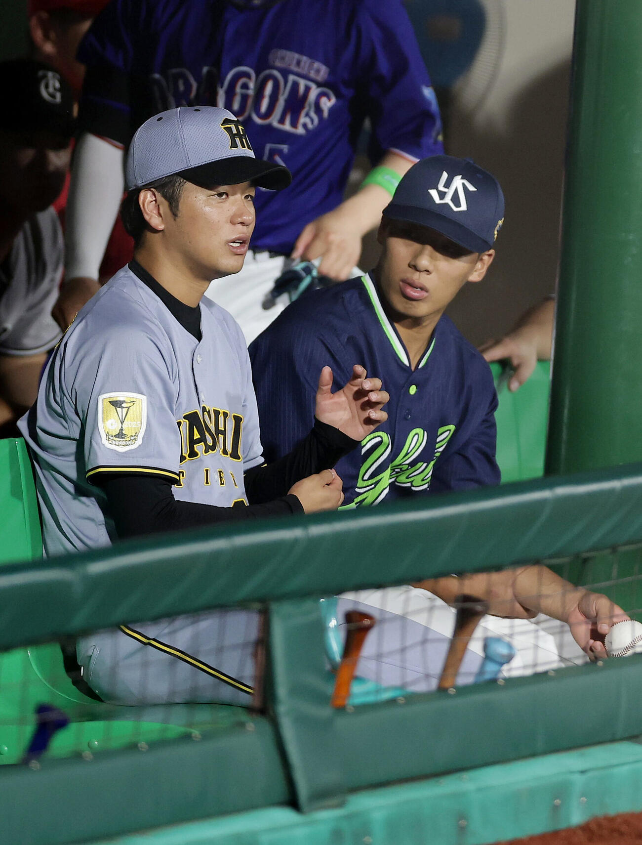 全パ対全セ　5回裏、ベンチでヤクルト山野太一（右）と言葉を交わす高橋遥人（撮影・前田充）