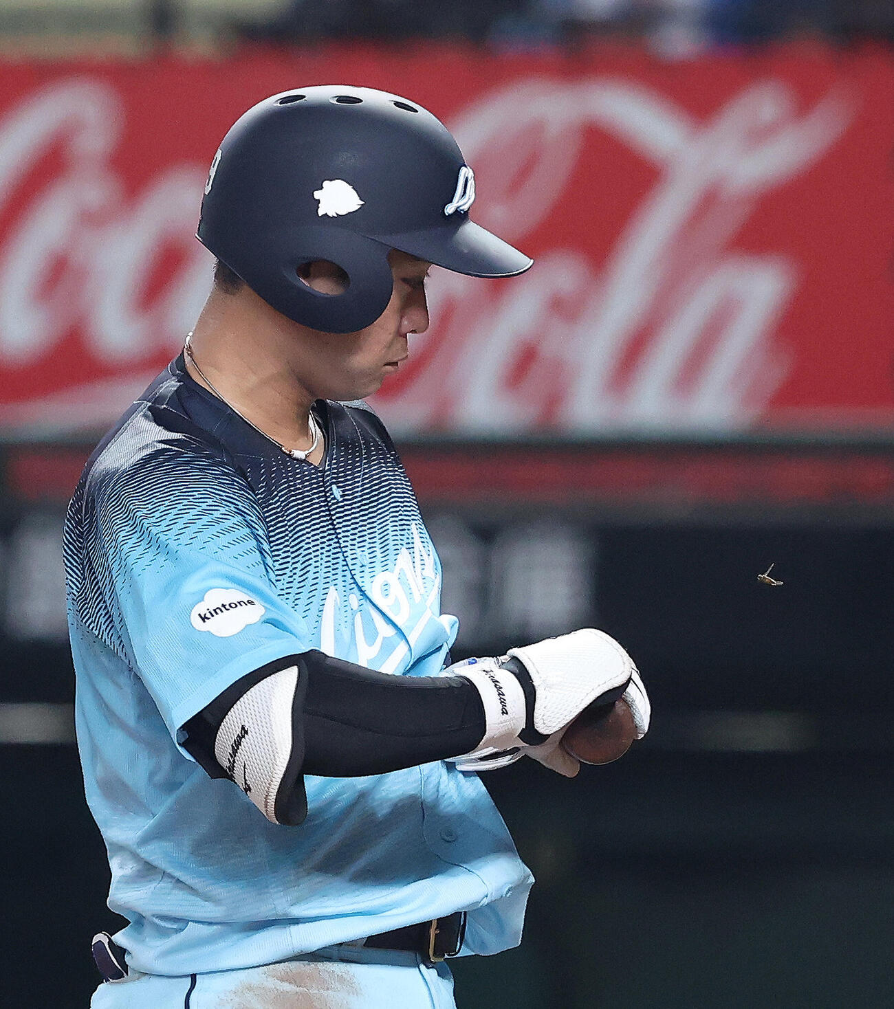 西武対オリックス　9回裏西武2死、打席から離れ、飛び回る虫から逃れようとする平沢大河（撮影・河田真司）