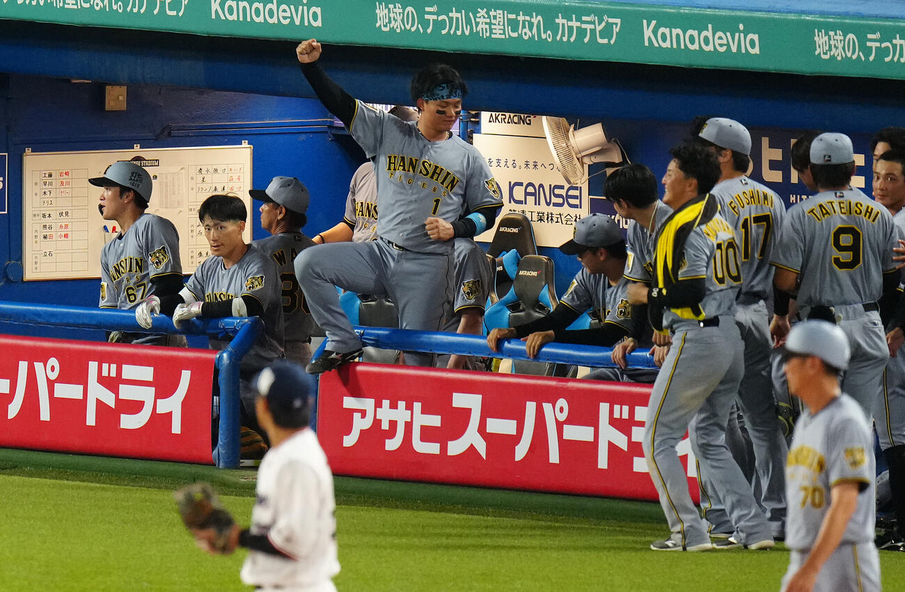 ヤクルト対阪神　7回表阪神2死二、三塁、大山悠輔の2点適時打にガッツポーズする森下翔太（中央）（撮影・鈴木みどり）