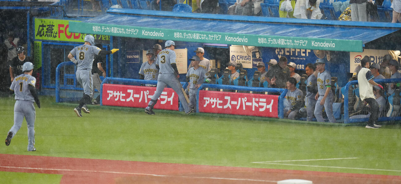 ヤクルト対阪神　1回表阪神2死一、二塁、打者大山悠輔の時、雨が強まり試合が中断（撮影・鈴木みどり）