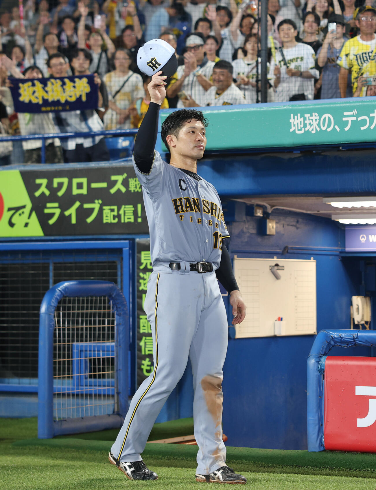 ヤクルト対阪神　勝利し手を振り引き揚げる阪神坂本誠志郎（撮影・増田悦実）