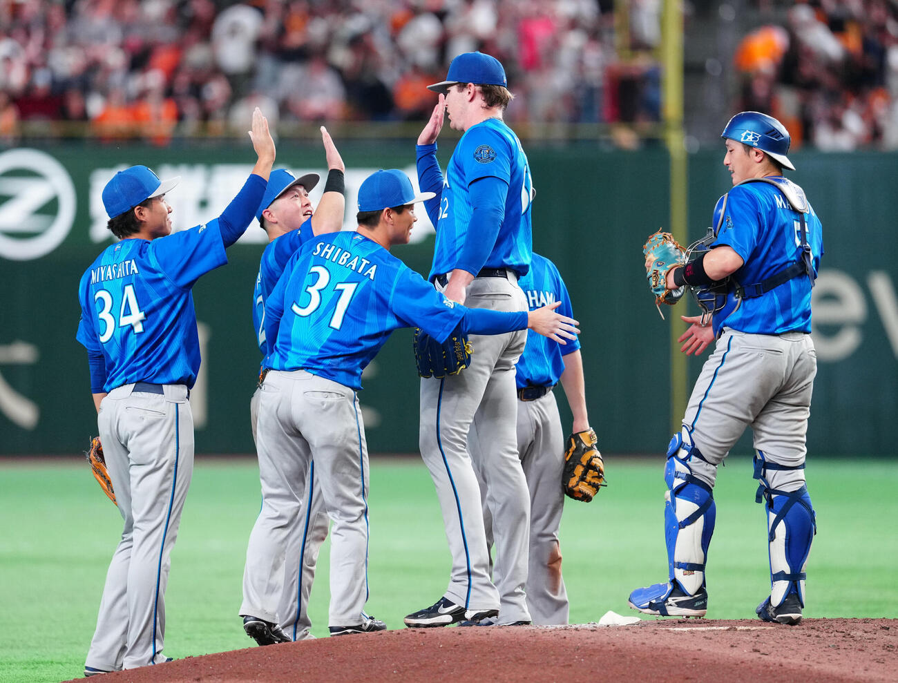 巨人対DeNA　勝利しタッチを交わすDeNAの選手たち（撮影・江口和貴）