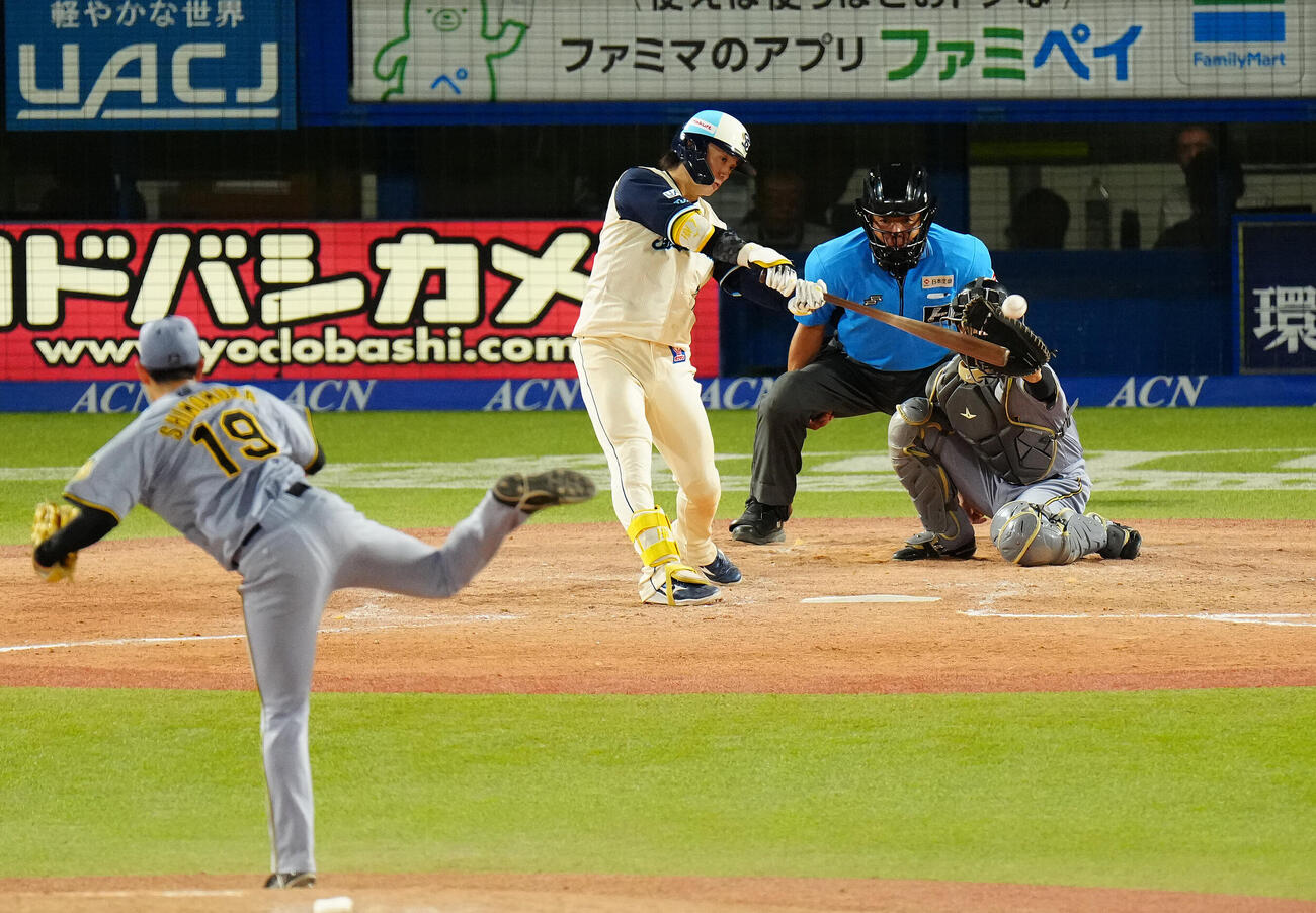 ヤクルト対阪神　4回裏ヤクルト2死二塁、適時打を放つ長岡秀樹。投手下村海翔（撮影・鈴木みどり）