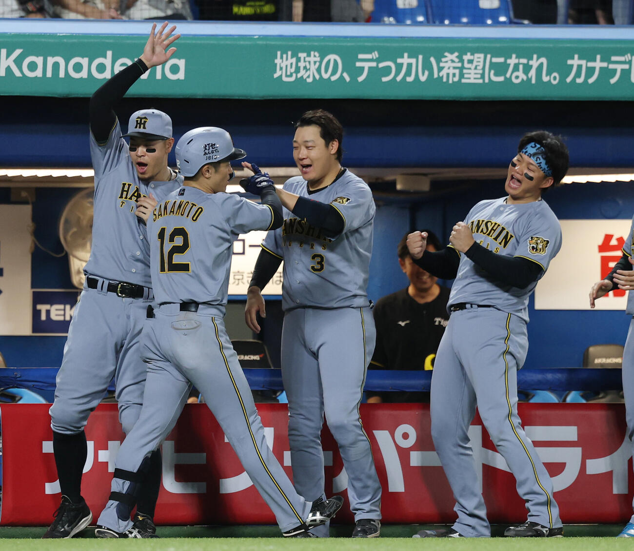 ヤクルト対阪神　9回表阪神無死、本塁打を放ちナインとタッチを交わす坂本誠志郎（撮影・増田悦実）