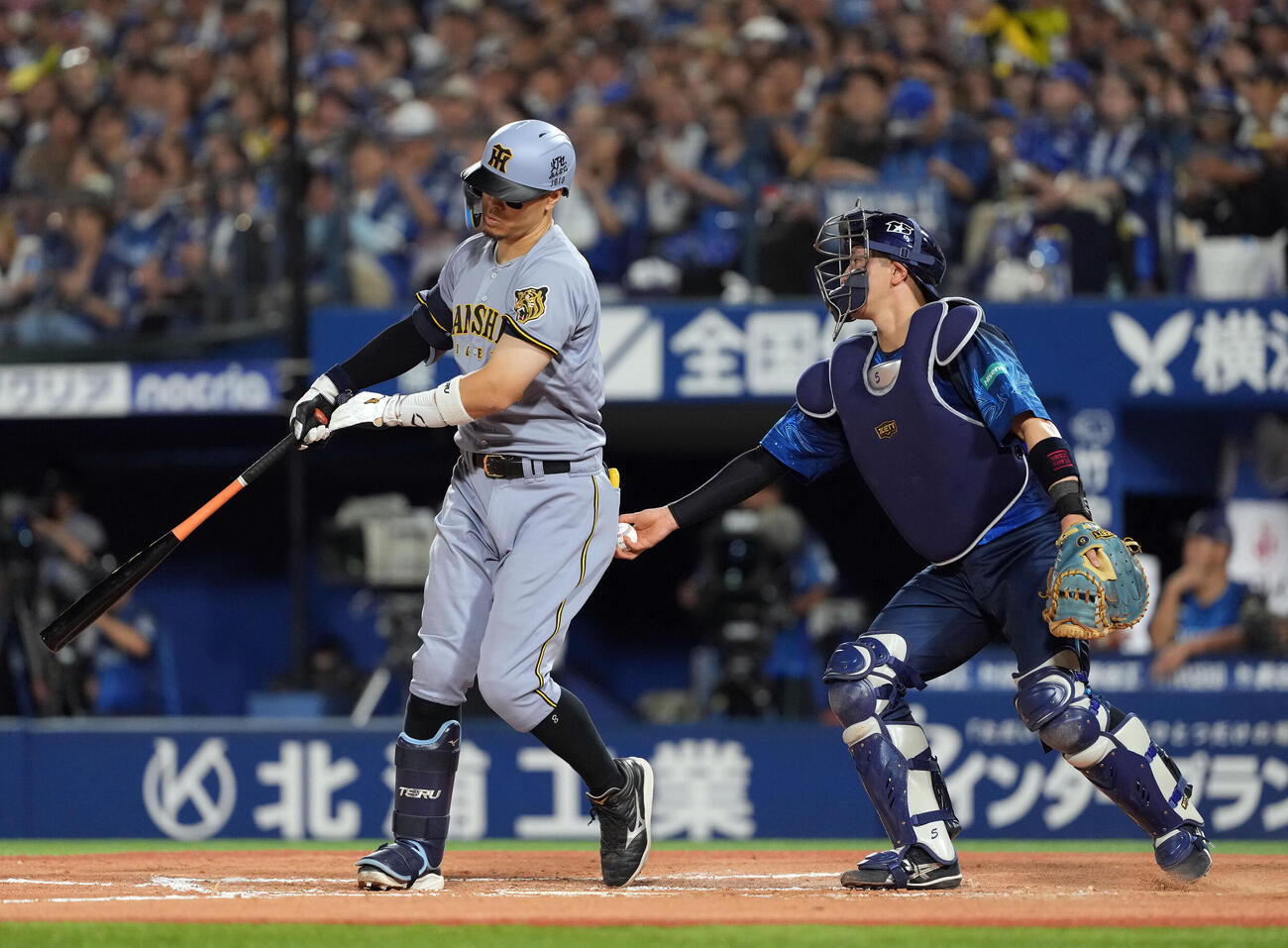 DeNA対阪神　6回表阪神2死一塁、空振り三振に倒れる佐藤輝明（撮影・たえ見朱実）