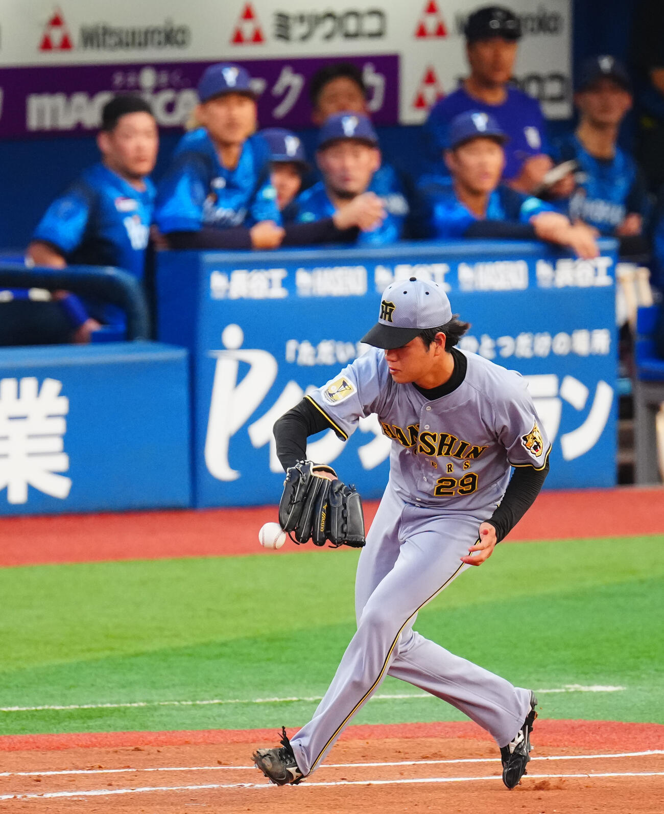 DeNA対阪神　2回裏DeNA1死、関根大気の一ゴロでカバーに入るも大山悠輔からのトスをファンブルする高橋遥人（撮影・垰建太）