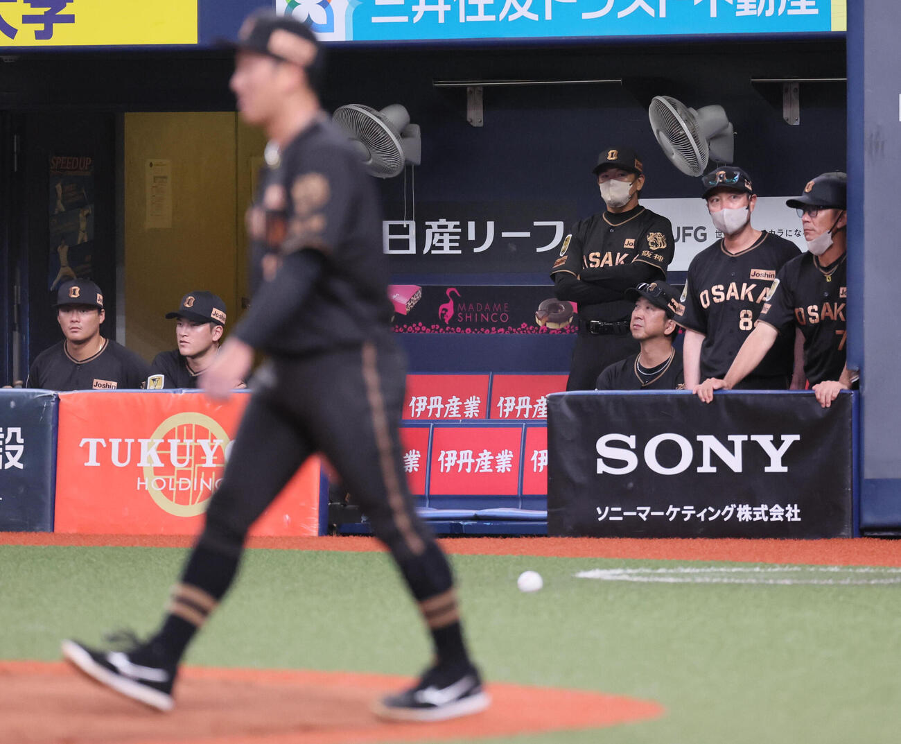 阪神対中日　5回表中日無死二塁、藤川球児監督（右から3人目）はベンチで厳しい表情を浮かべる。手前は伊原陵人（撮影・宮崎幸一）