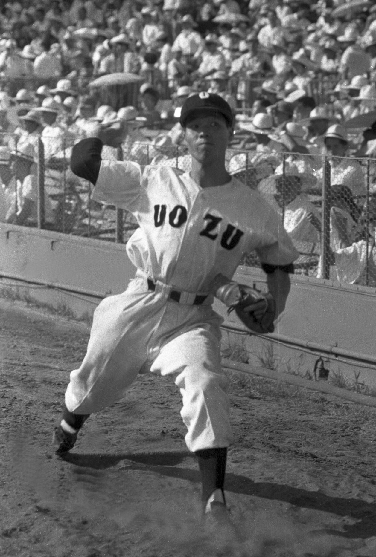 1958年8月　村椿輝雄（魚津3年）。準々決勝で板東英二の徳島商と対戦、延長18回0対0で再試合