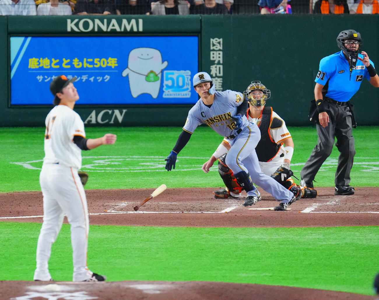 巨人対阪神　6回表阪神1死一塁、2点本塁打を放つ坂本誠志郎。投手西舘勇陽（撮影・垰建太）
