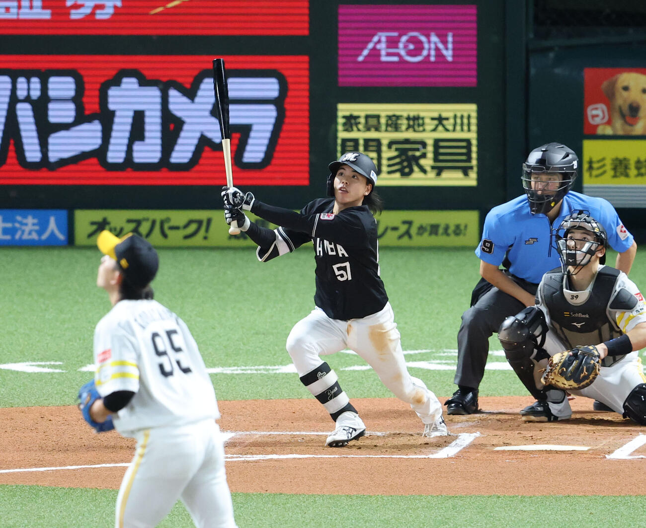 ソフトバンク対ロッテ　6回表ロッテ無死、小川龍成は右越え本塁打を放つ（撮影・梅根麻紀）
