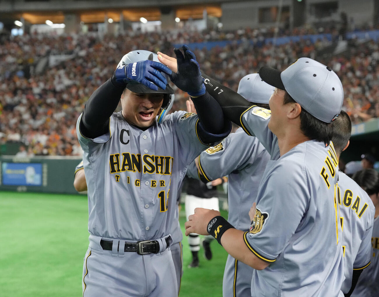2026年8月13日、巨人対阪神　6回表阪神1死一塁、坂本誠志郎は左越え2点本塁打を放ち手荒い祝福を受ける