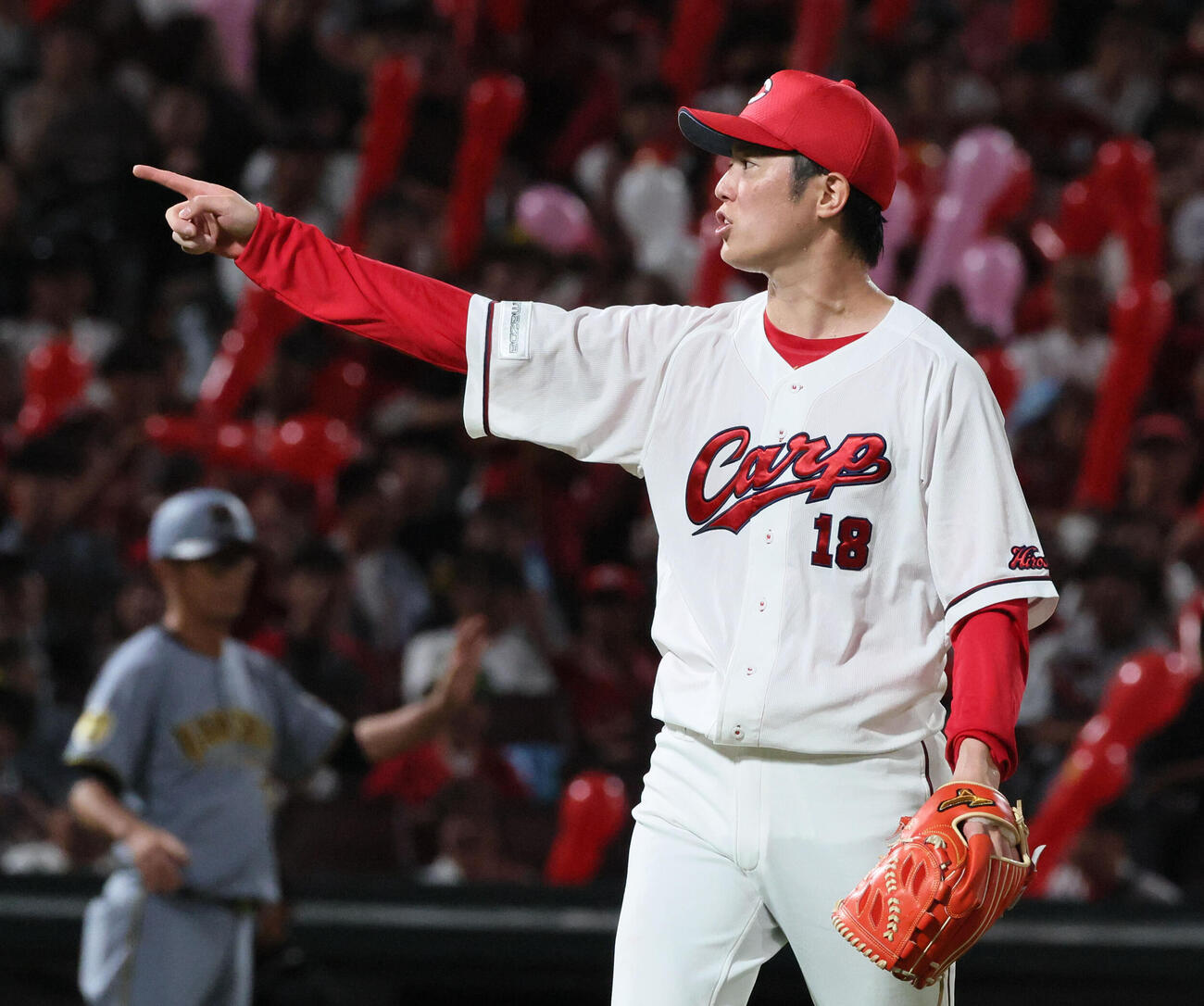 広島対阪神　7回表阪神2死二塁、梅野隆太郎を三振に仕留めた森下暢仁（撮影・加藤孝規）