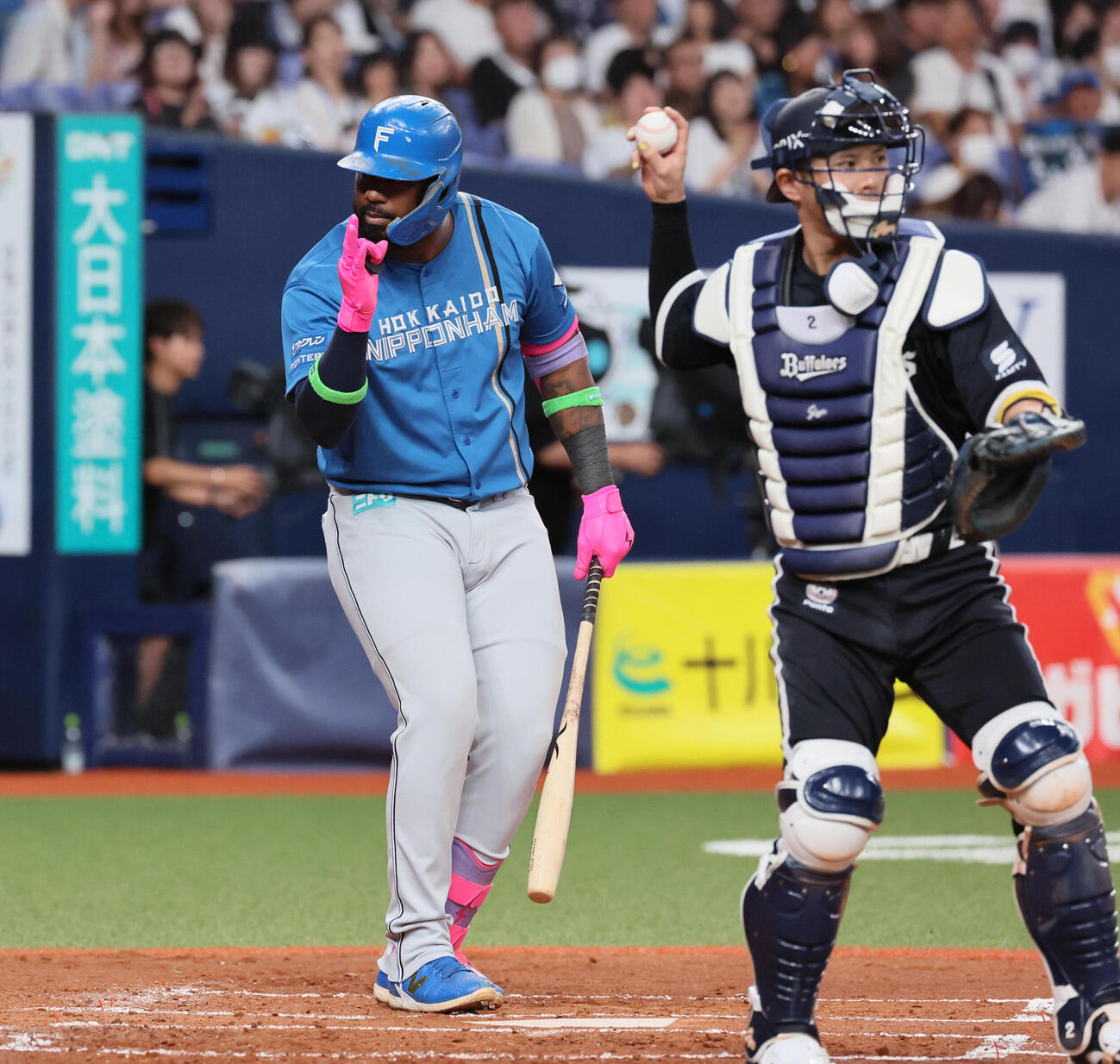 オリックス対日本ハム　4回表日本ハム無死、フランミル・レイエスはスイングを取られて空振り三振に倒れ、何やら主審に訴える（撮影・宮崎幸一）