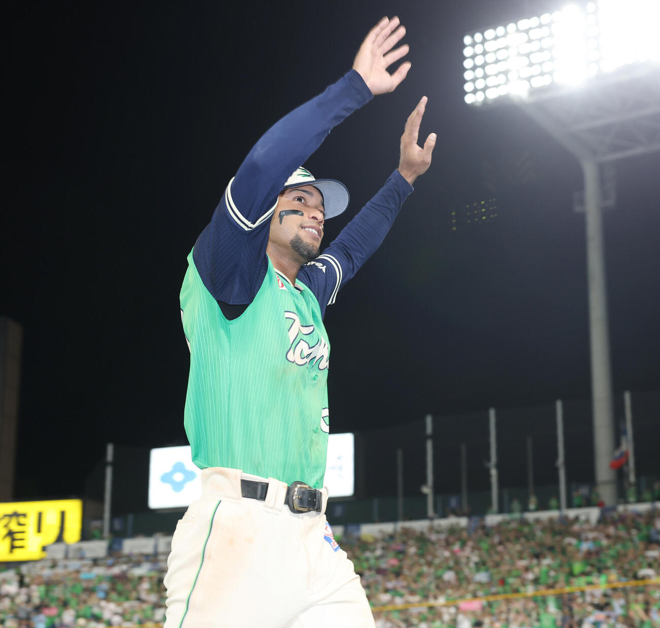 ヤクルト対DeNA　サヨナラ勝ちしファンに手を振るヤクルトのモンテル（撮影・宮地輝）
