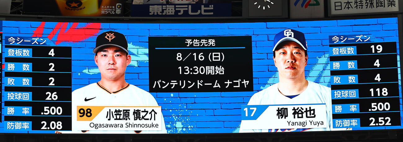 中日対巨人　16日の予告先発が発表され小笠原慎之介と柳裕也が先発で対決することとなった（撮影・上田博志）