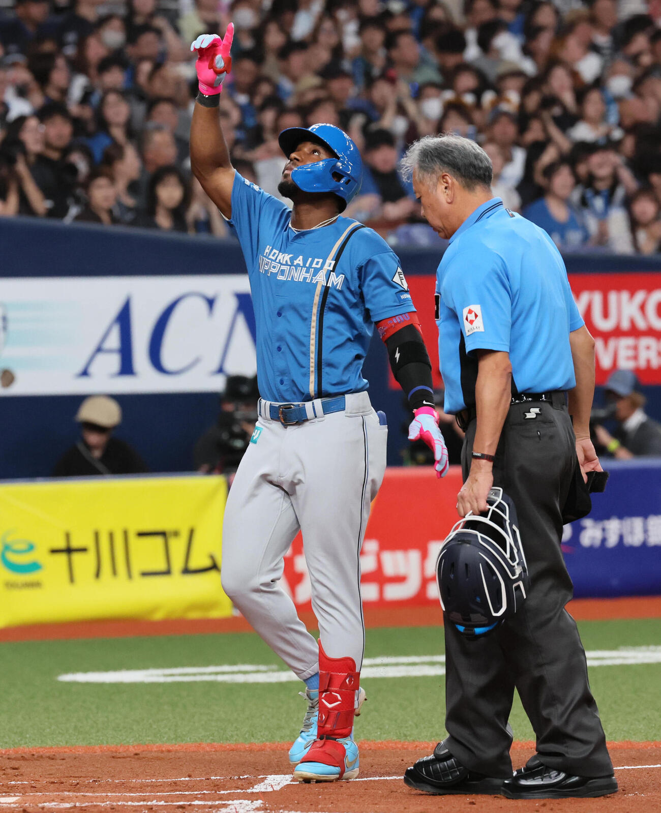 オリックス対日本ハム　2回表日本ハム1死二塁、ロドルフォ・カストロは先制2点本塁打を放ち、郡司裕也（左）に迎えられる（撮影・宮崎幸一）