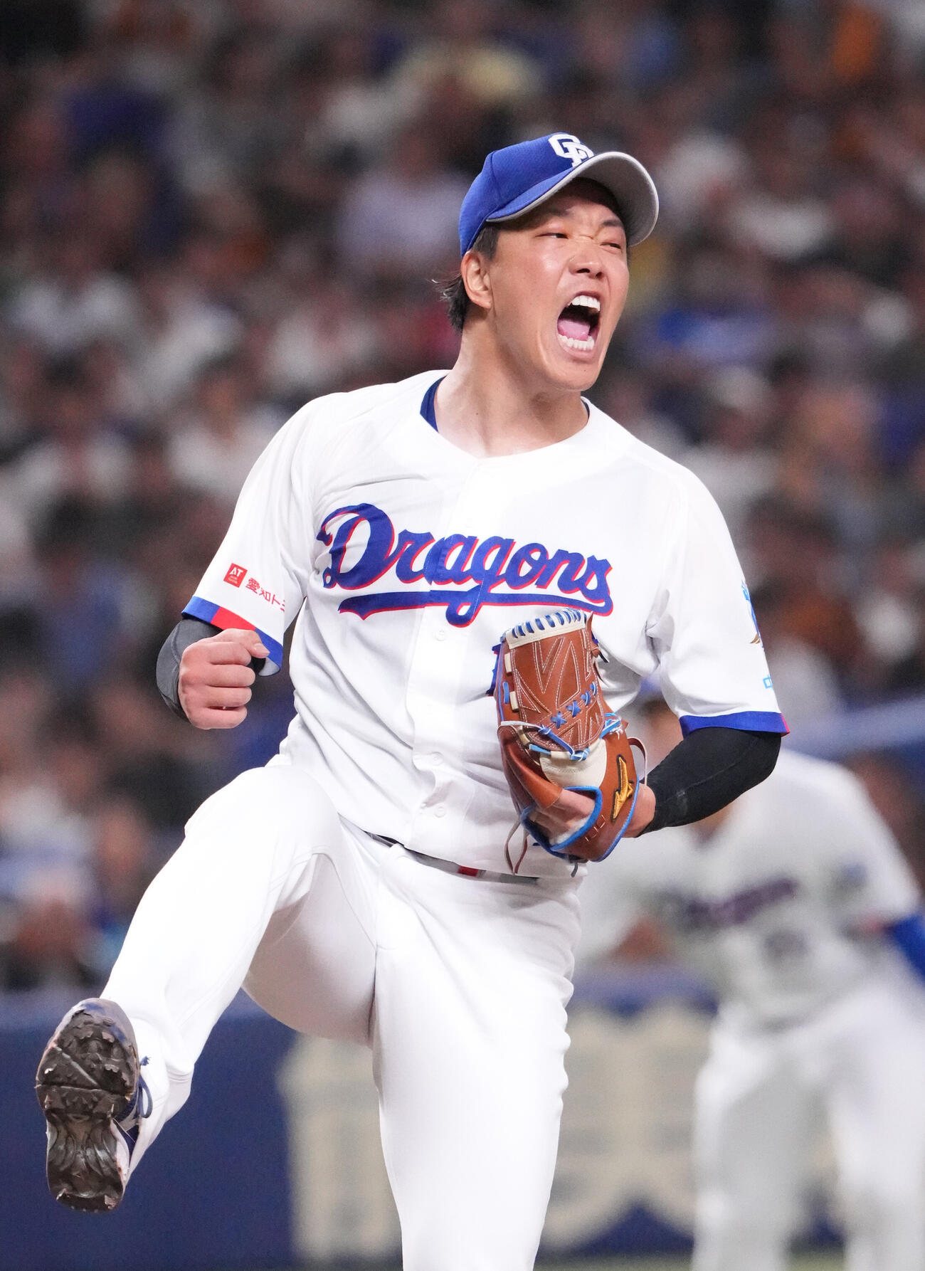中日対巨人　6回表巨人2死一、三塁、ボビー・ダルベックを三振に仕留めほえる柳裕也（撮影・森本幸一）