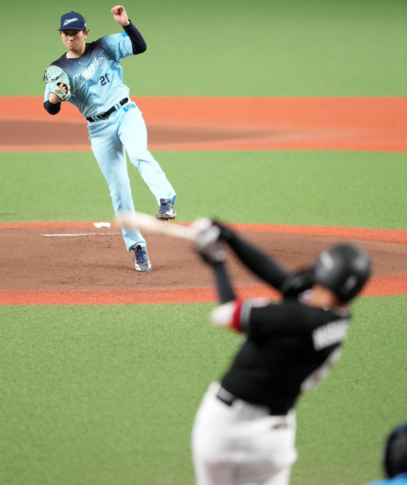 西武対ロッテ　1回表ロッテ1死、西川史礁を空振り三振に仕留める西武先発の武内夏暉（撮影・たえ見朱実）