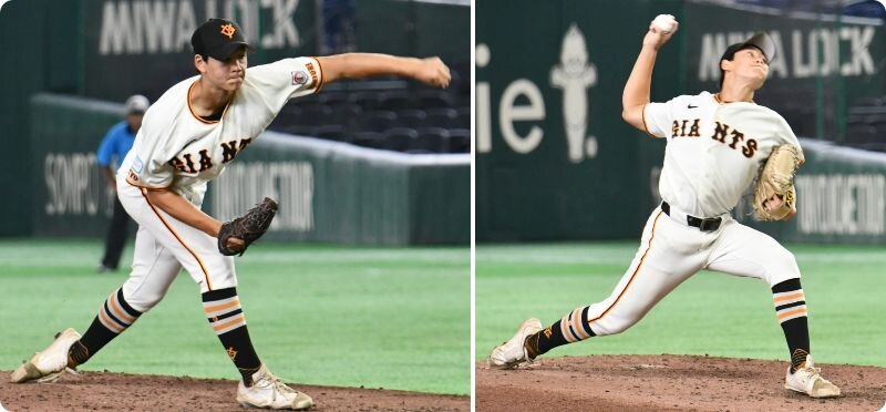 5回裏から登板の多摩川の原は左投げ（写真右）で失点すると、右投げにスイッチした