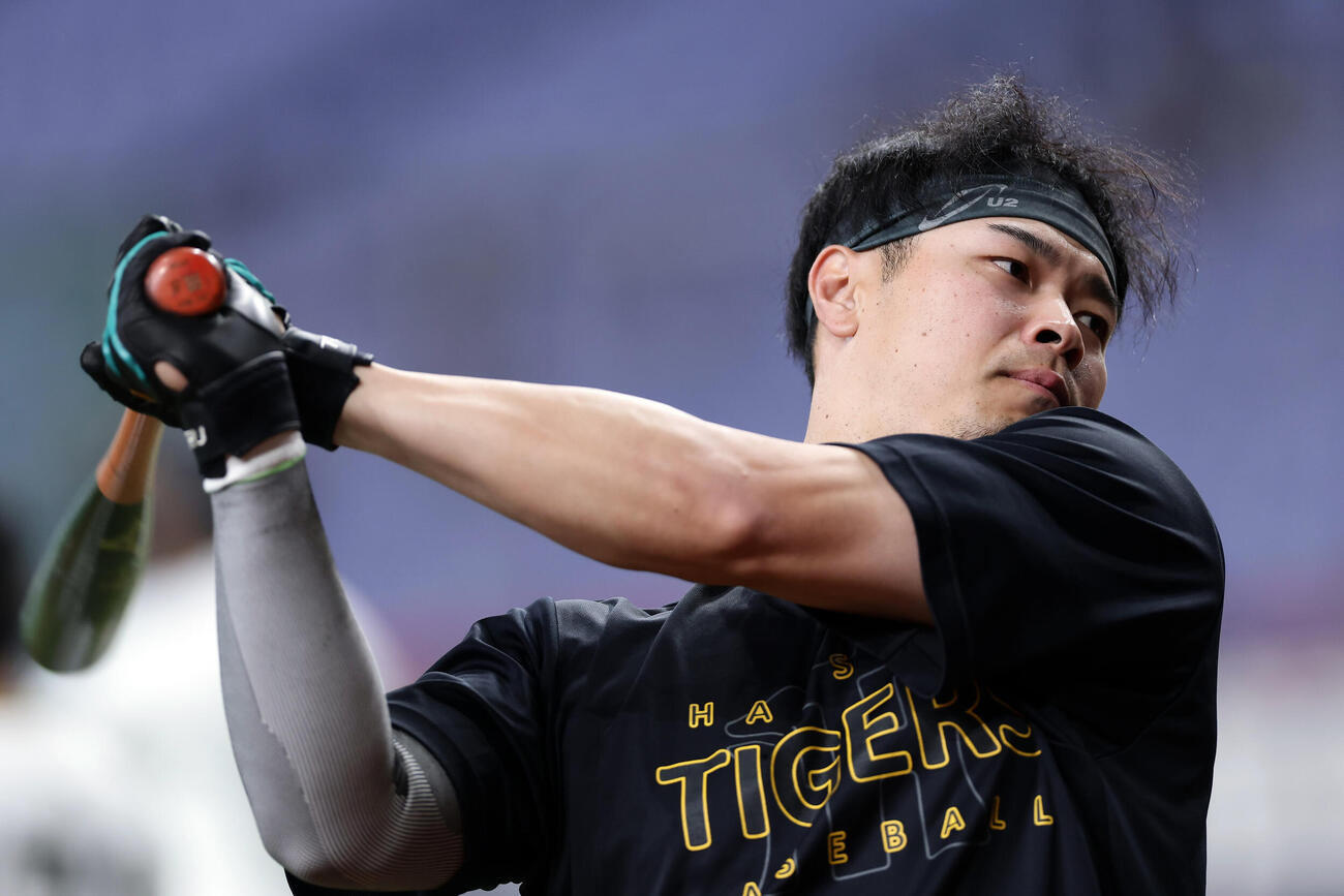 阪神対ヤクルト　打撃練習を行う阪神佐藤輝明（撮影・前田充）