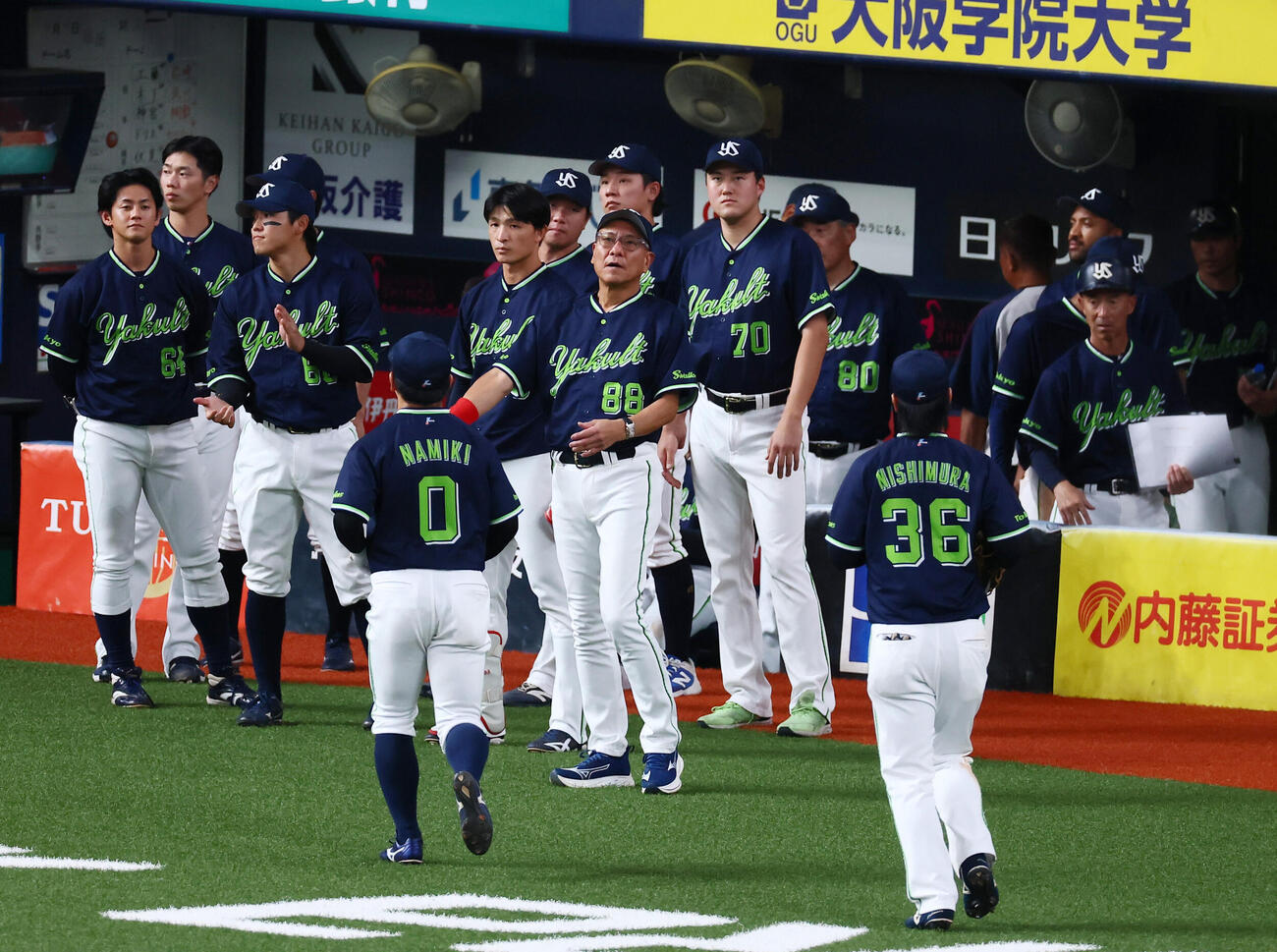 阪神対ヤクルト　連日のサヨナラ負けを喫したヤクルト池山隆寛監督はベンチ前でナインを出迎える（撮影・加藤哉）