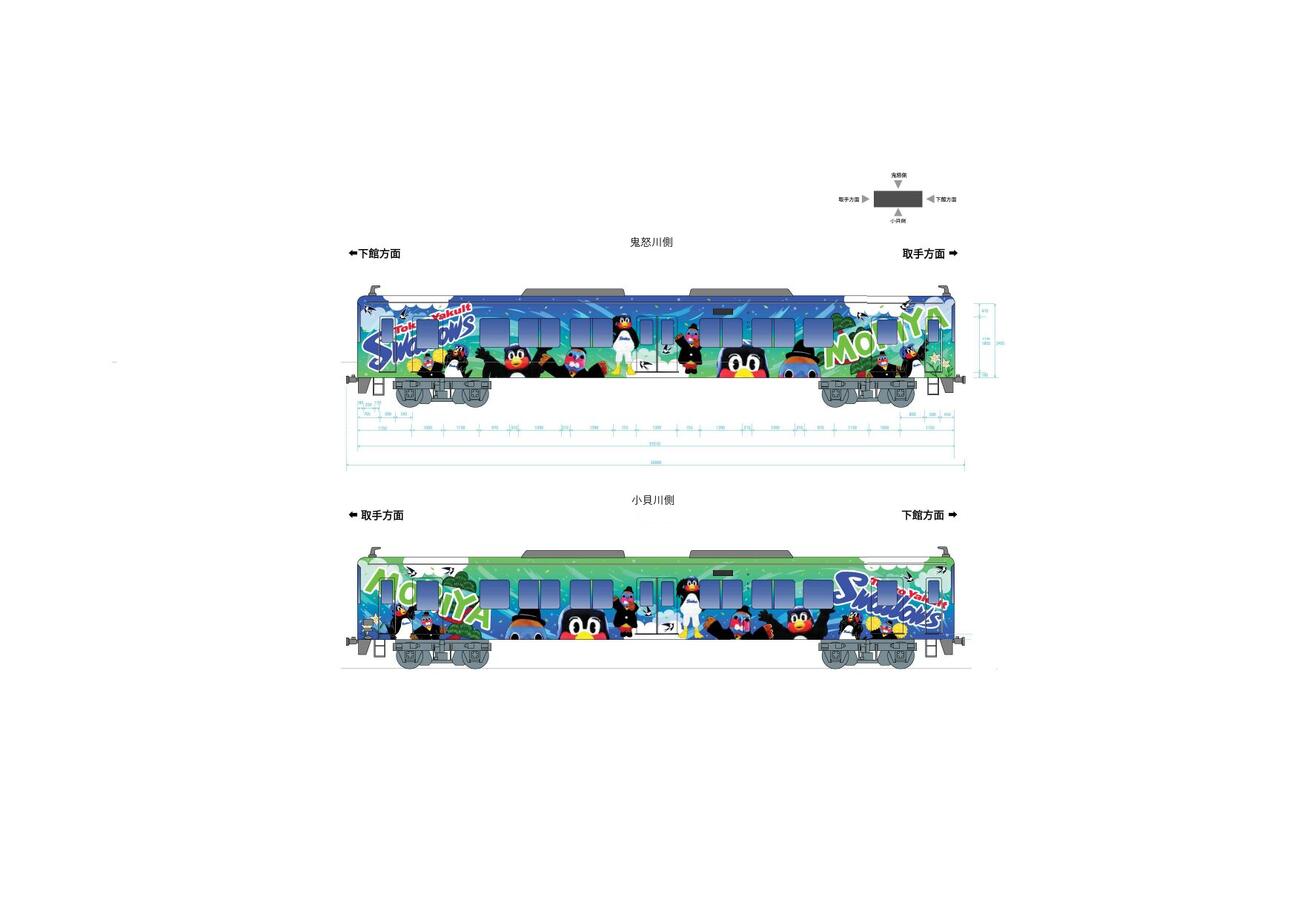 ヤクルトと関東鉄道株式会社が連携し、コラボレーションラッピングをほどこした列車のデザイン（球団提供）