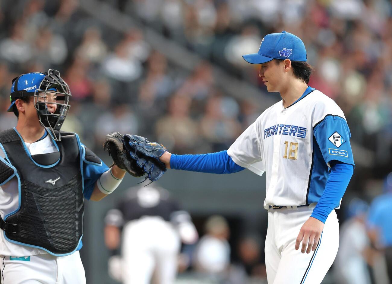 日本ハム対ソフトバンク　6回表、無失点に抑え郡司裕也（左）とグラブタッチする山崎福也（撮影・黒川智章）