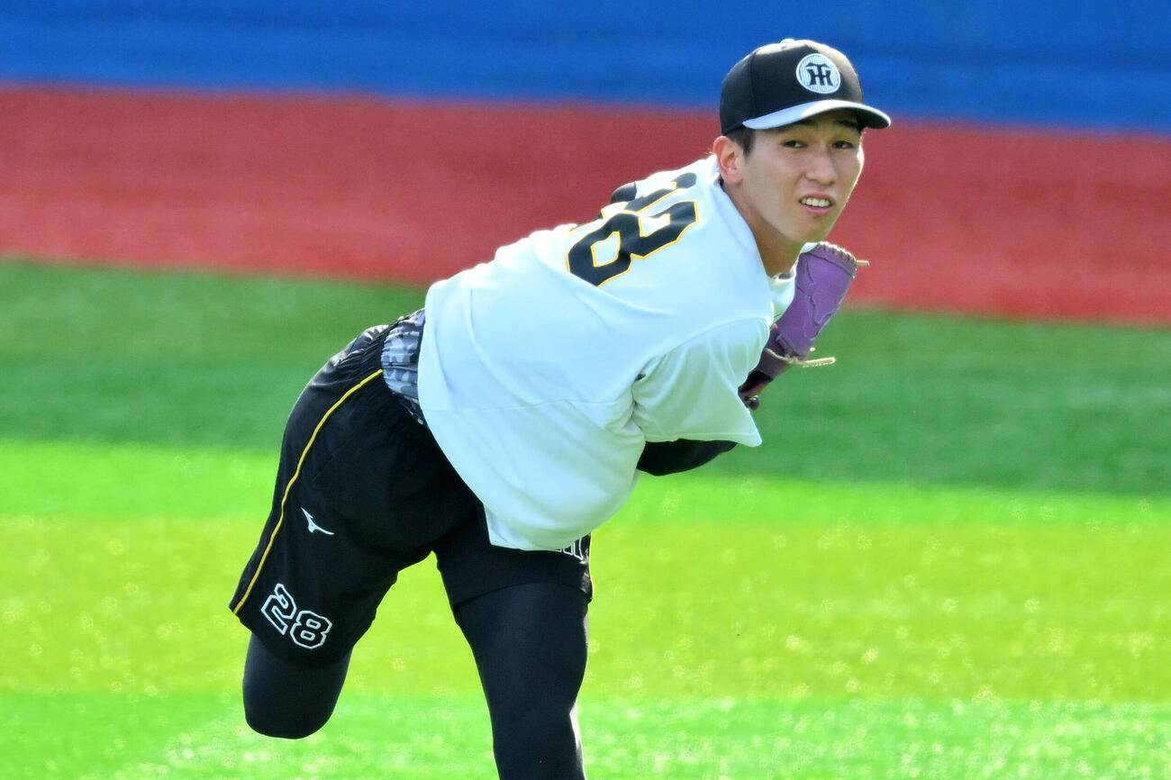 DeNA対阪神　試合前練習で調整する阪神今朝丸裕喜（撮影・滝沢徹郎）