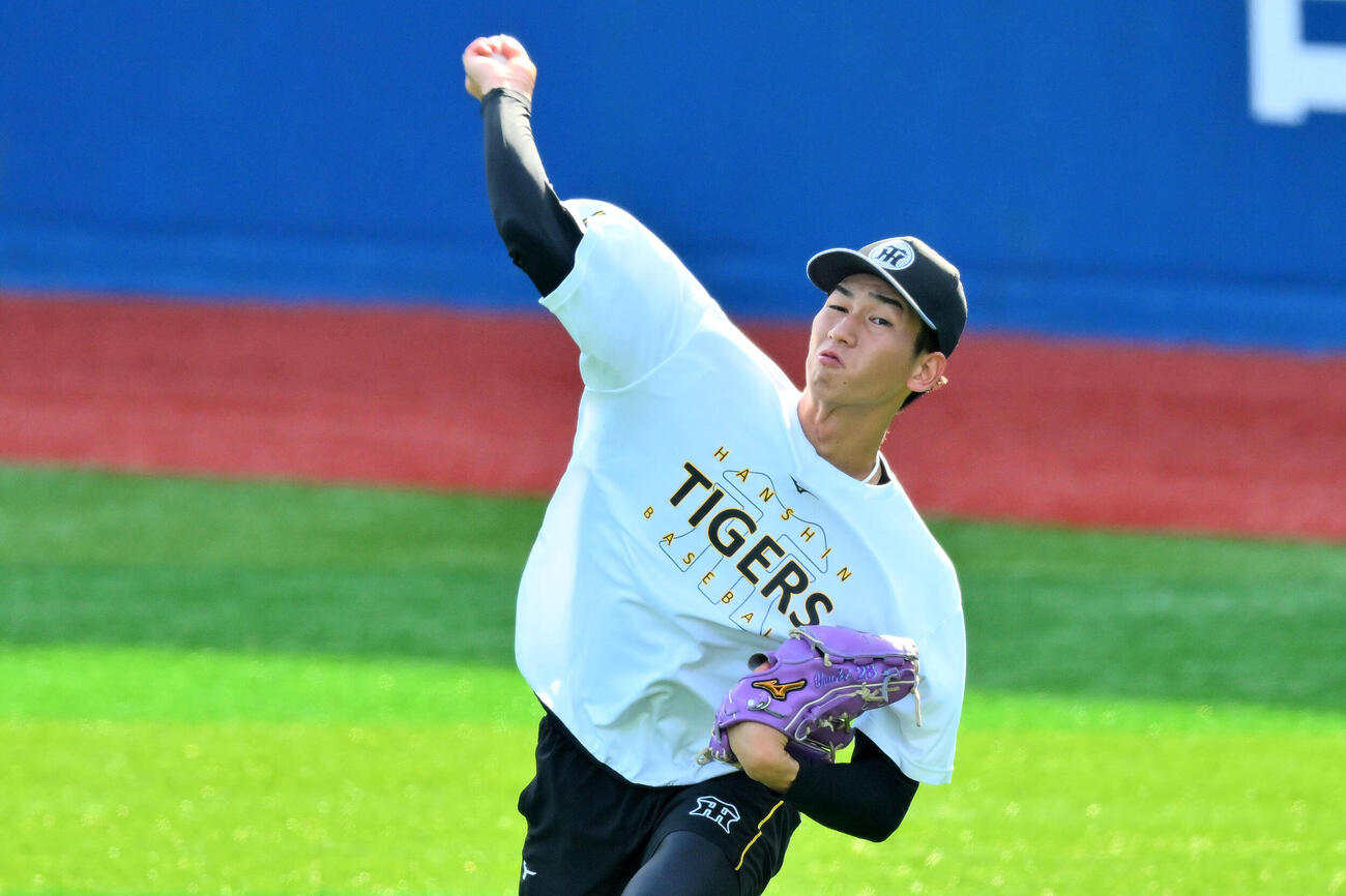 DeNA対阪神　試合前練習で調整する阪神今朝丸裕喜（撮影・滝沢徹郎）