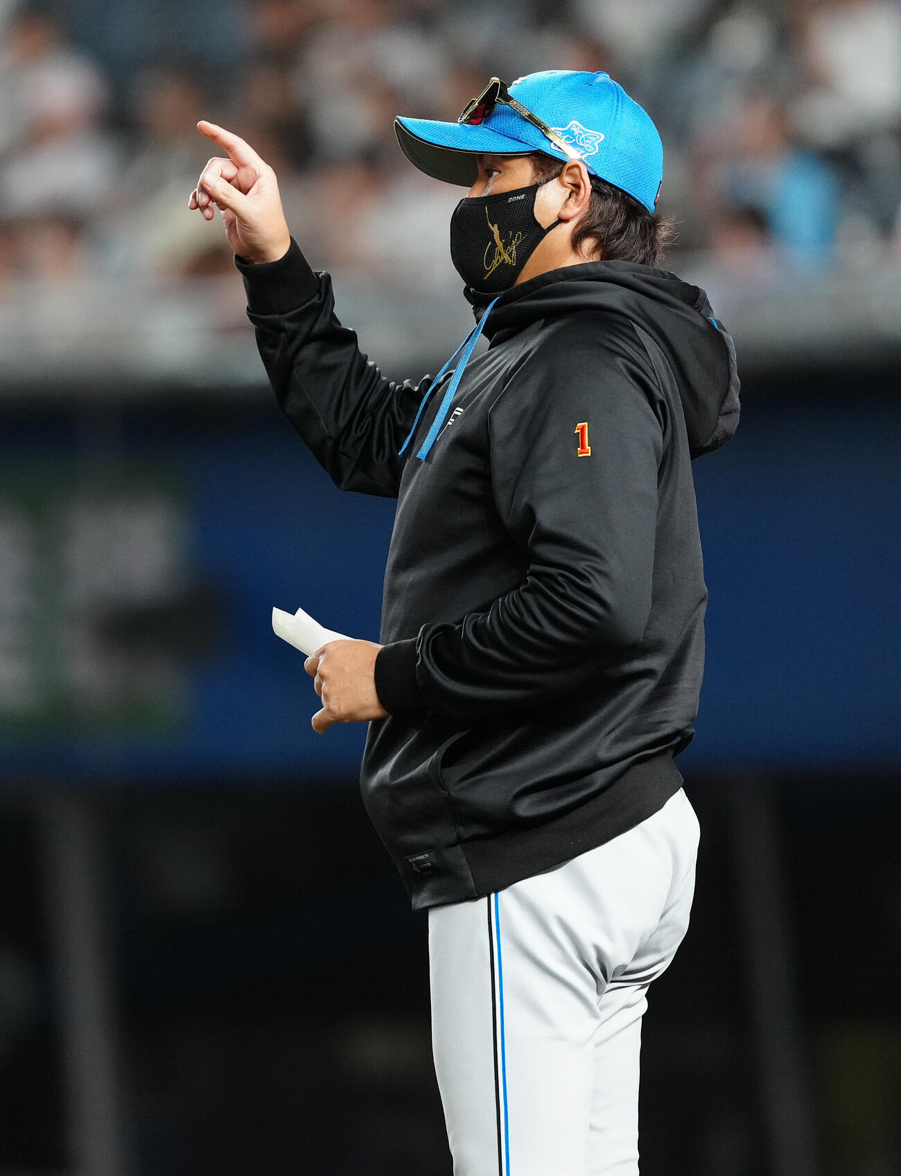 ロッテ対日本ハム　5回裏の選手交代を告げに行く日本ハム新庄剛志監督（撮影・鈴木みどり）