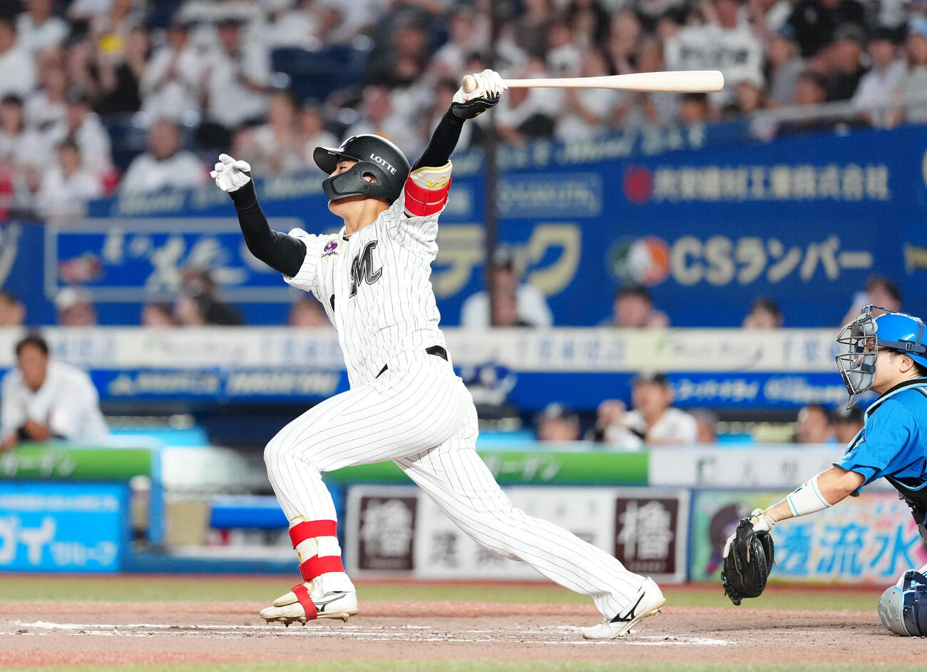ロッテ対日本ハム　8回裏ロッテ1死一、二塁、適時打を放つ西川史礁（撮影・鈴木みどり）
