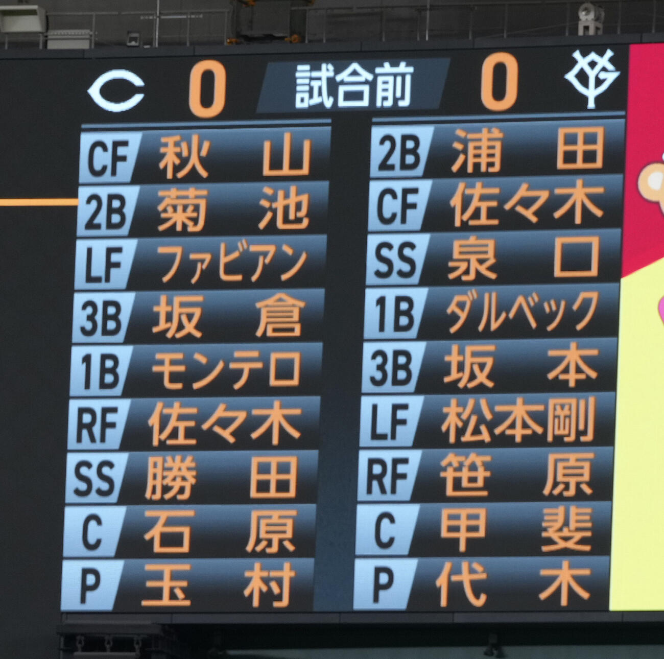 巨人対広島　両チームのスタメン（撮影・足立雅史）