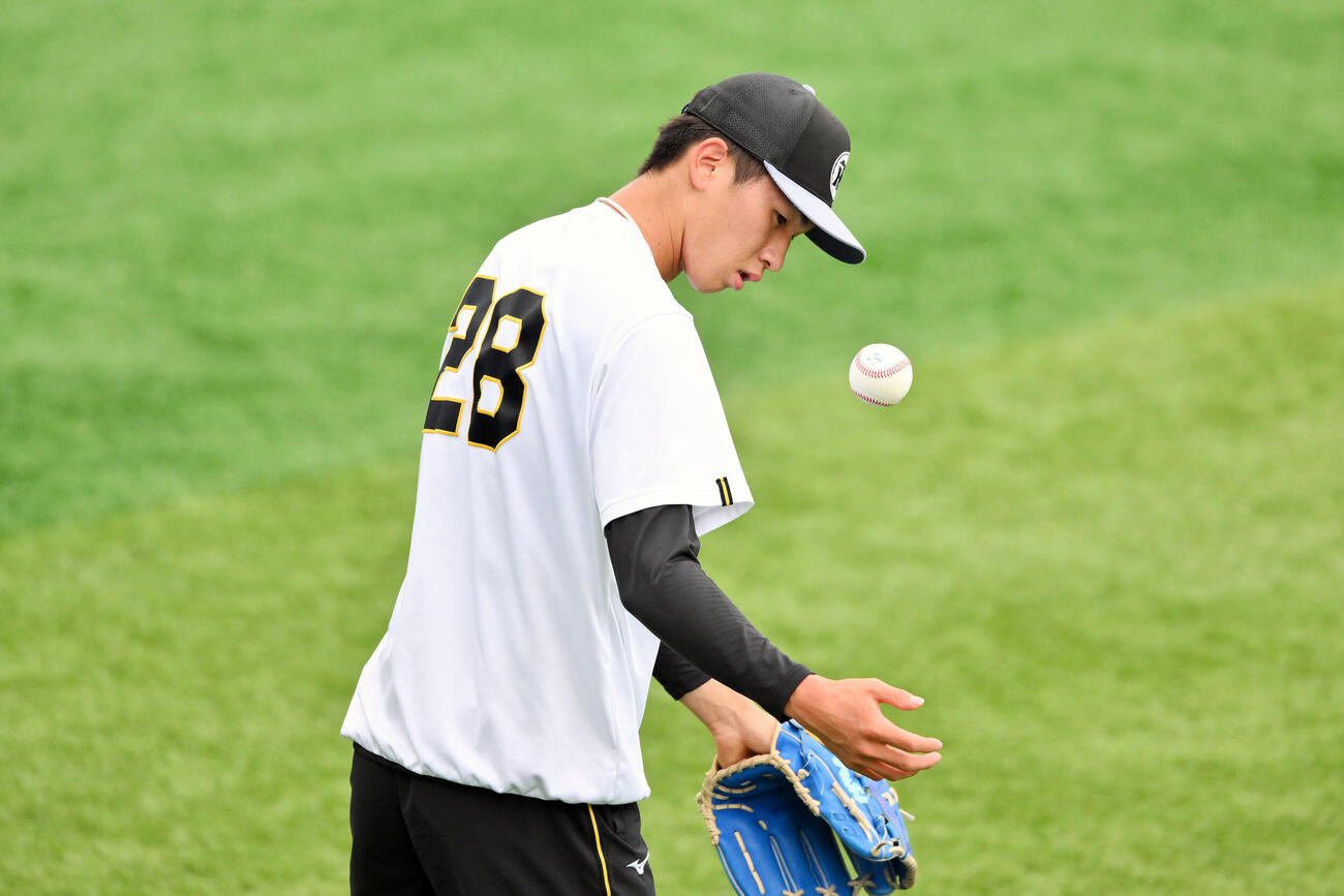 DeNA対阪神　試合前練習する阪神今朝丸裕喜（撮影・滝沢徹郎）