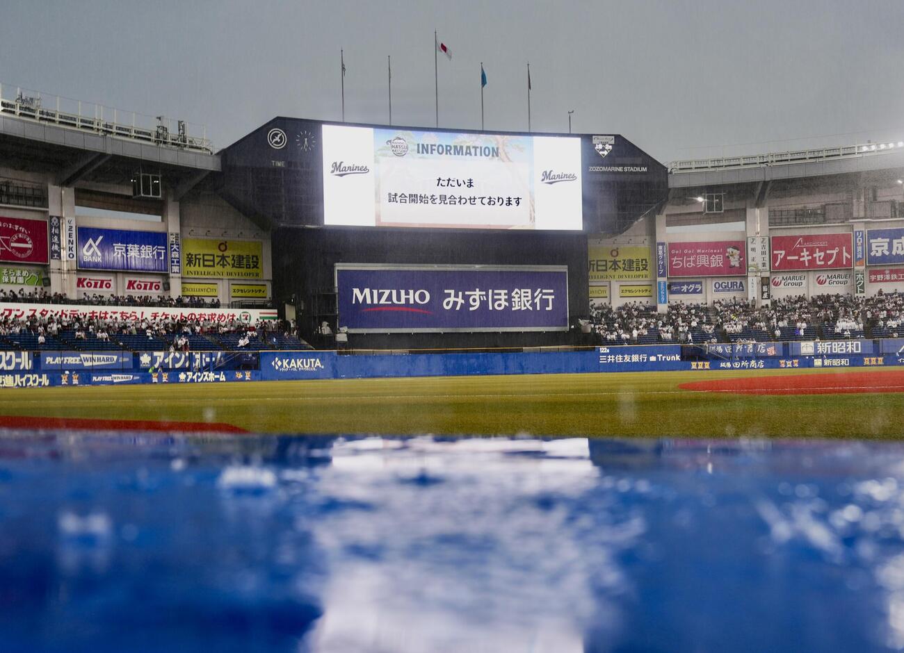 降雨で試合開始が見合わせられるロッテー日本ハム戦（撮影・江口和貴）