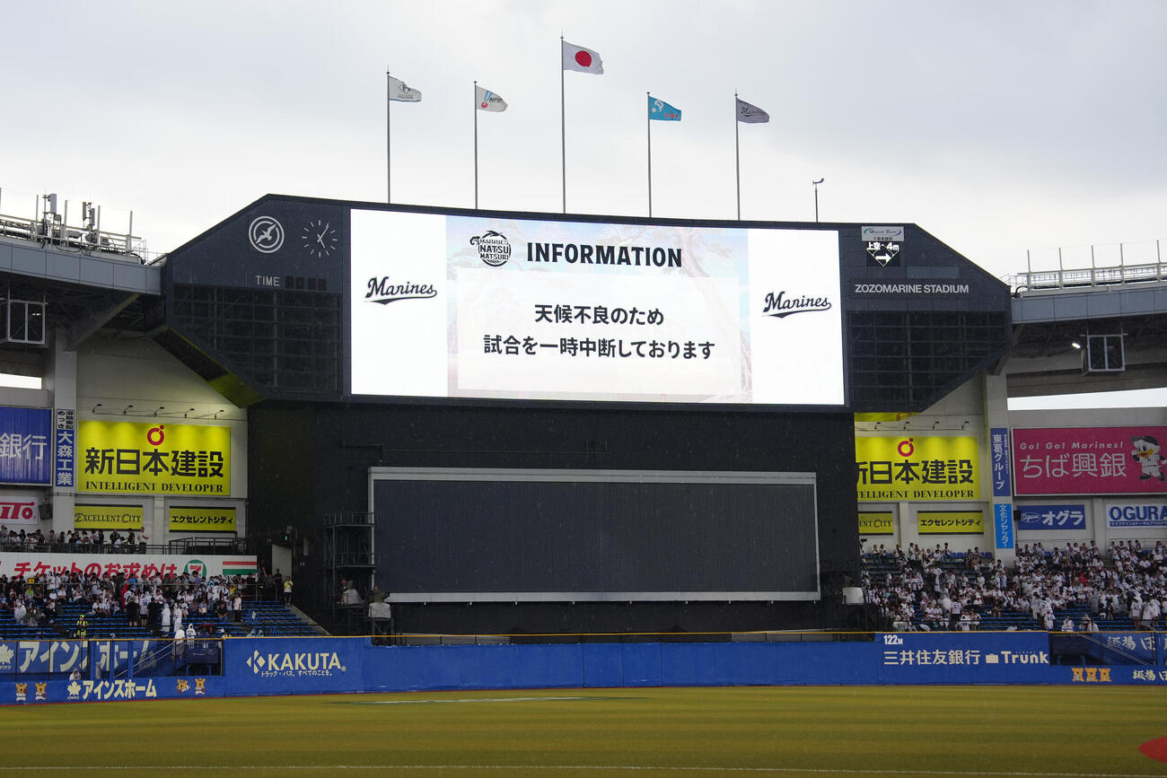 ロッテ対日本ハム　1回表、降雨中断となる（撮影・江口和貴）