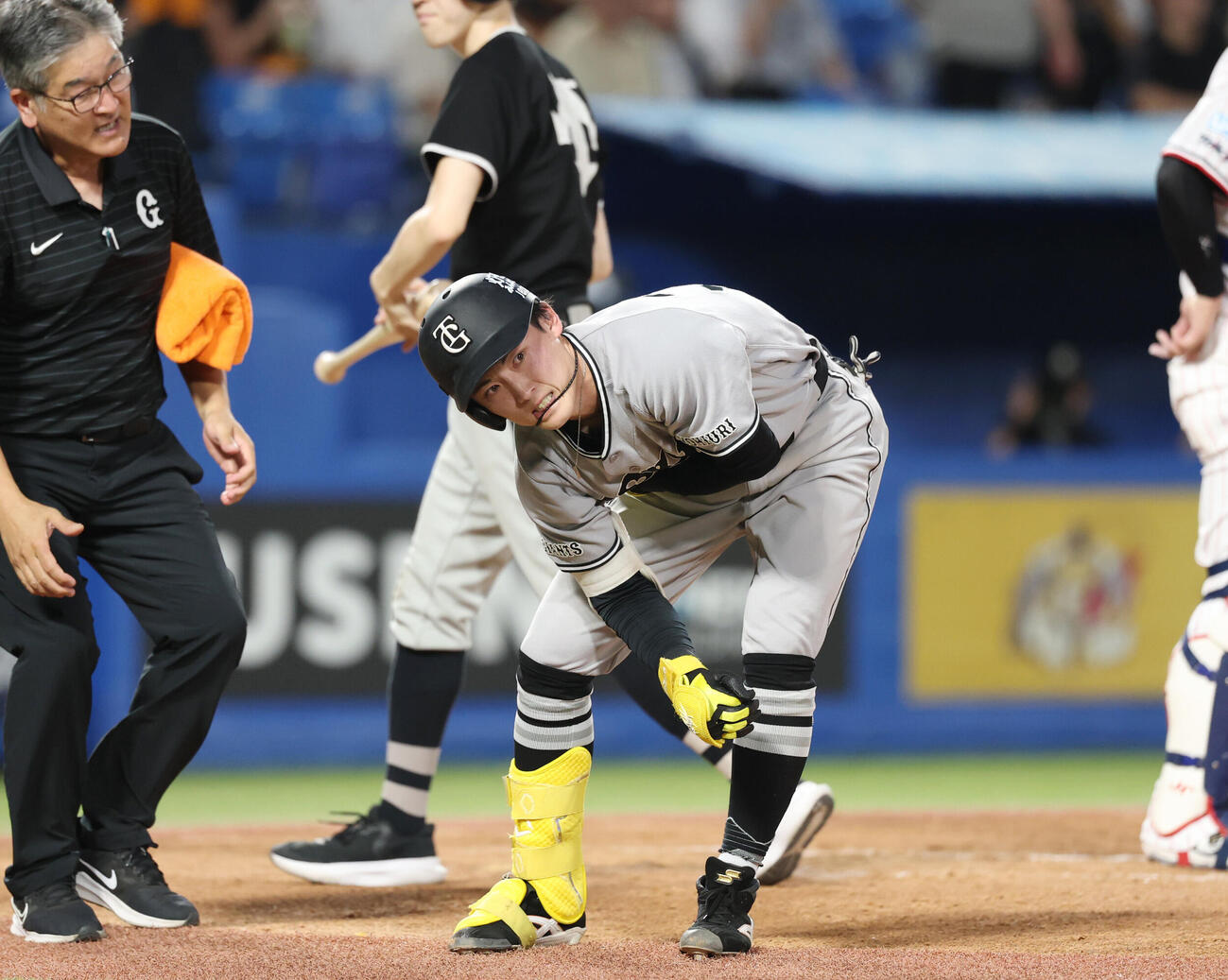 ヤクルト対巨人　2回表巨人1死三塁、死球を受け痛がる浦田俊輔（撮影・増田悦実）