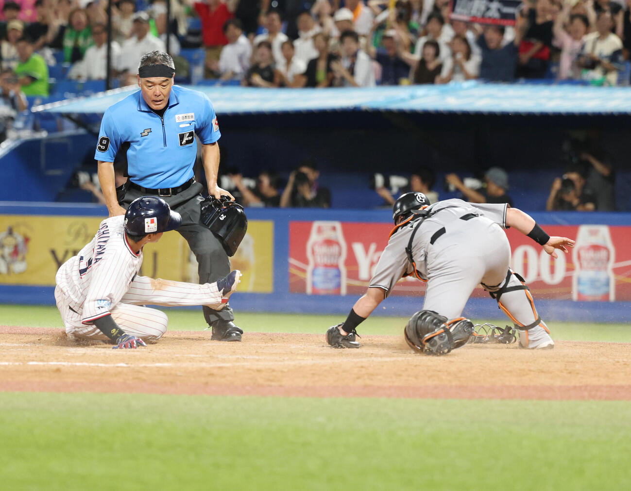 ヤクルト対巨人　4回裏ヤクルト2死一塁、山野太一の安打で生還を狙うも憤死となる内山壮真。右は甲斐拓也（撮影・増田悦実）