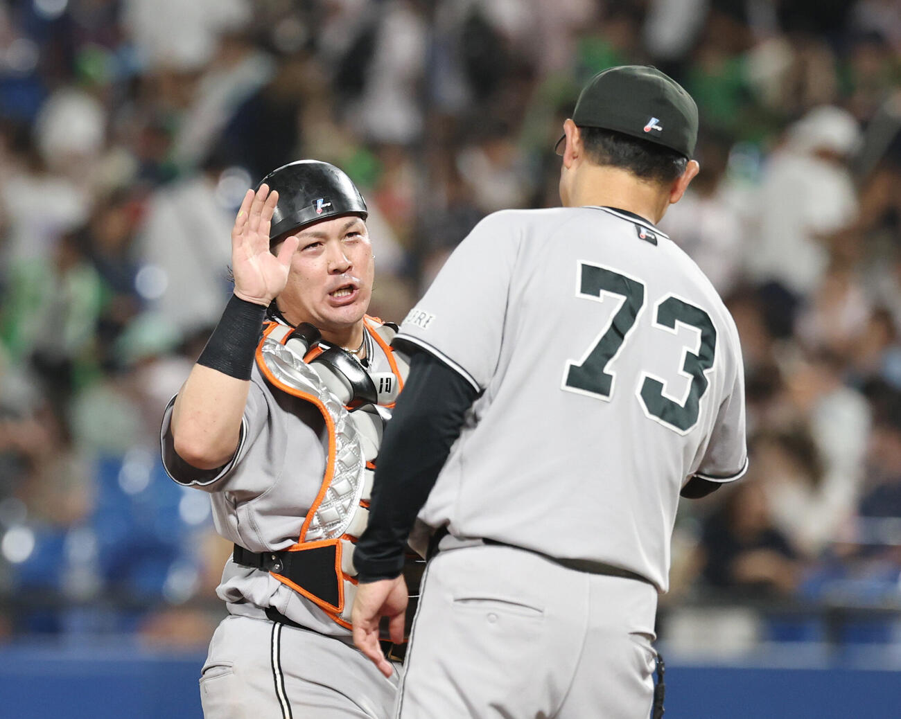 ヤクルト対巨人　勝利し橋上秀樹監督代行（右）とタッチを交わす甲斐拓也（撮影・増田悦実）