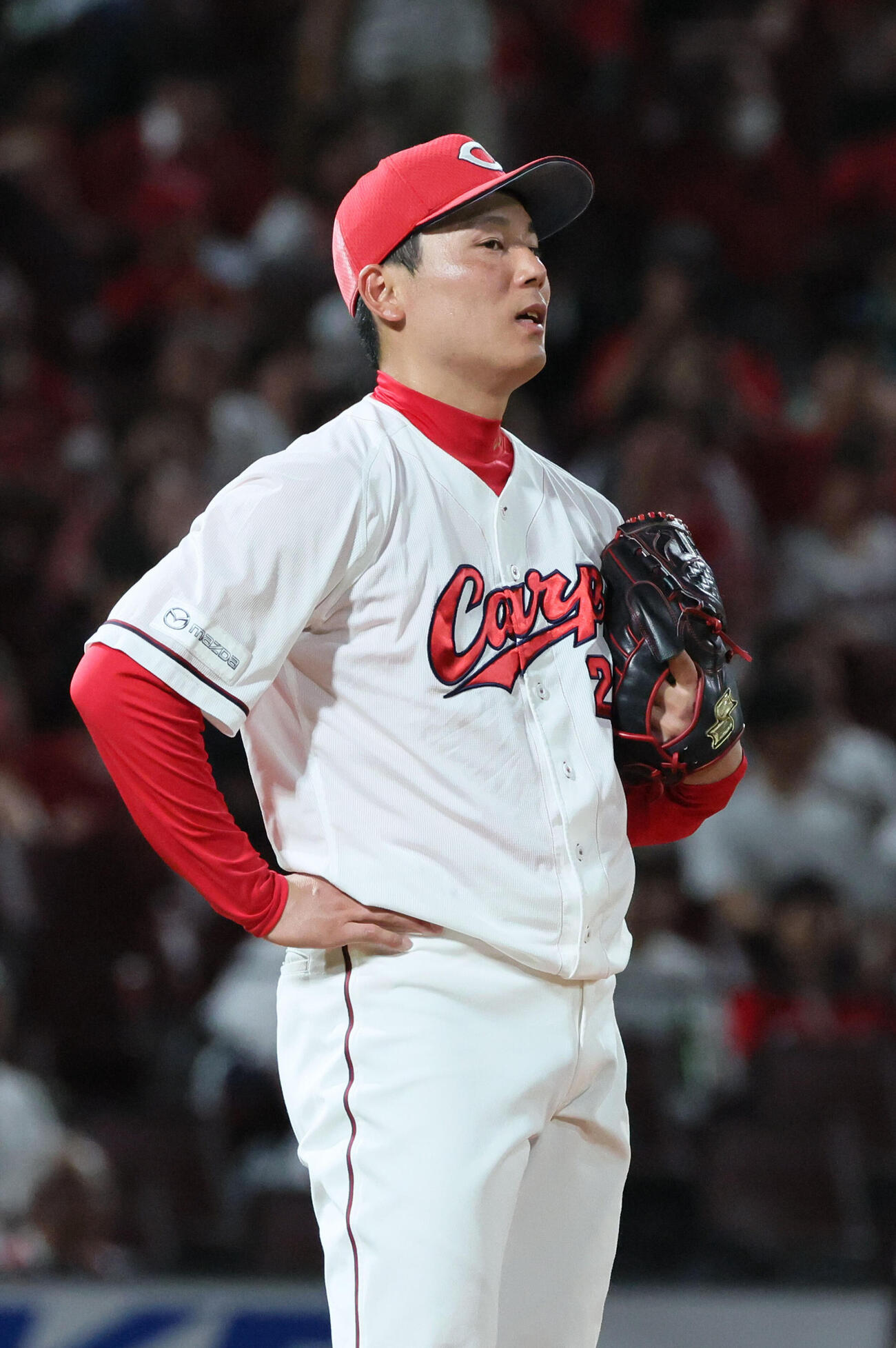 広島対DeNA 6回表DeNA無死、筒香嘉智に右越え本塁打を浴びた栗林良吏（撮影・加藤孝規）
