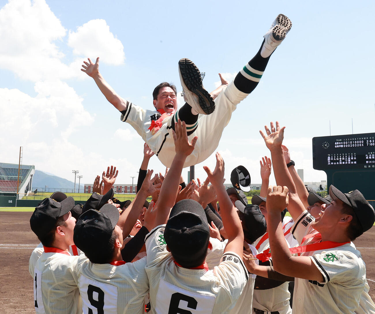 21年、全国高校野球選手権長野大会で優勝し選手から胴上げされる松商学園・足立修監督