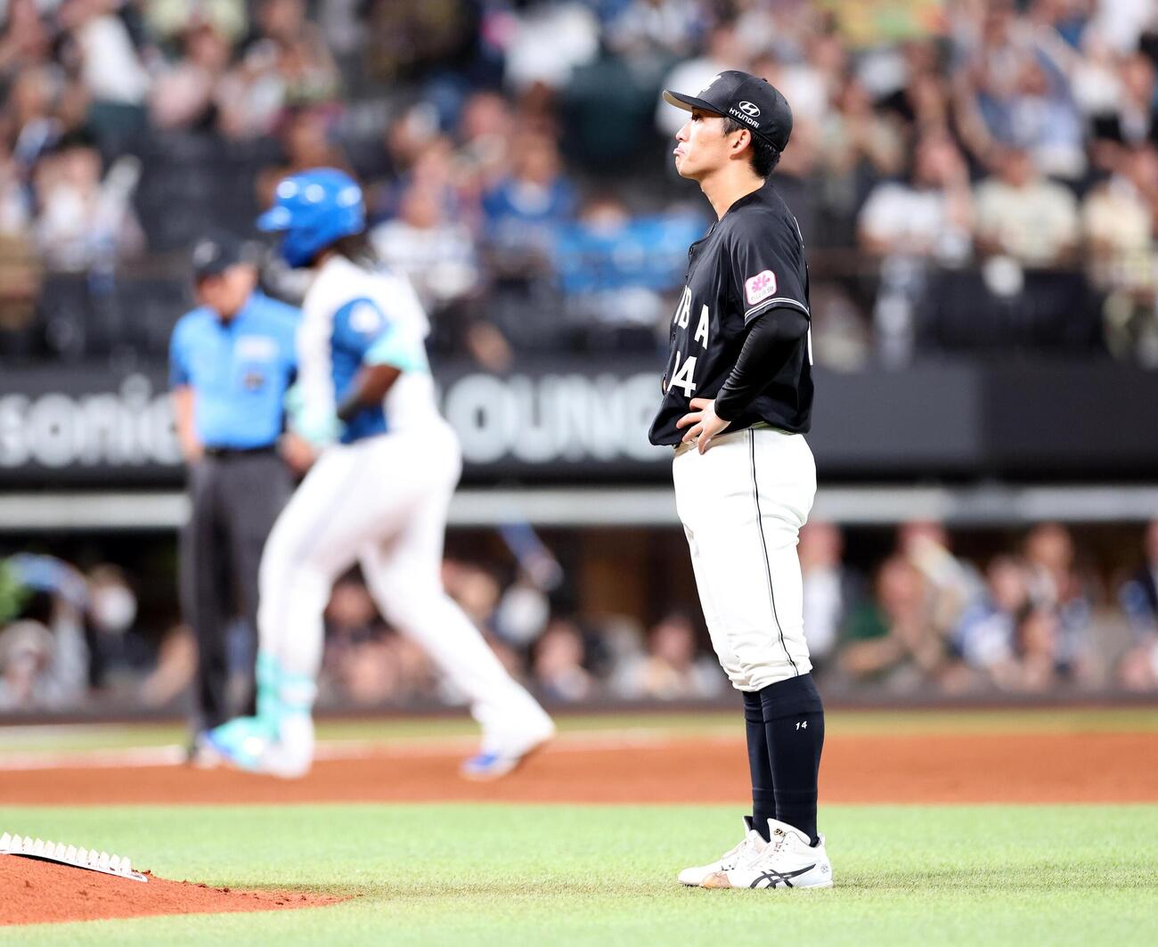 日本ハム対ロッテ　5回裏日本ハム2死一塁、レイエスに2点本塁打を浴びる小島和哉（撮影・黒川智章）