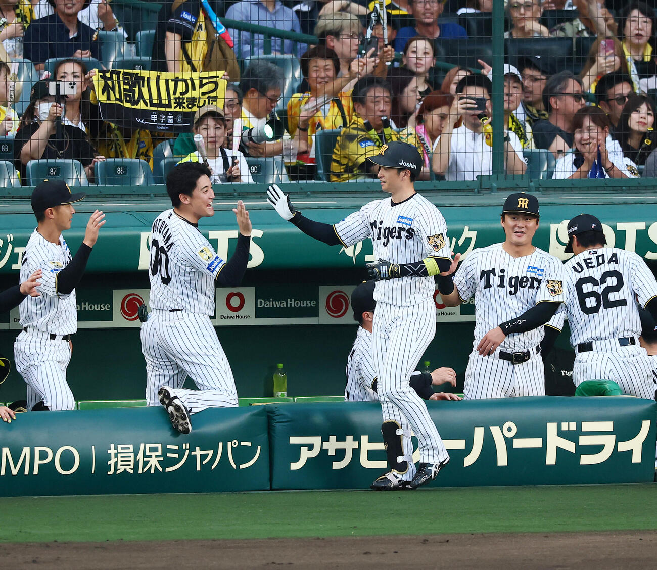 阪神対巨人　1回裏阪神無死、右越えソロ本塁打を放った近本光司はベンチのナインとタッチする（撮影・加藤哉）