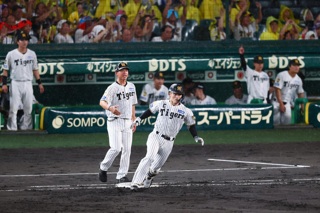阪神対巨人　4回裏阪神2死一、二塁、坂本誠志郎は左前適時打を放つ（撮影・加藤哉）